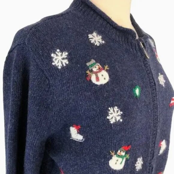 Vintage Croft & Barrow Snowman Wool Angora Embroidered Zip Cardigan Navy Size PM - Picture 5 of 9